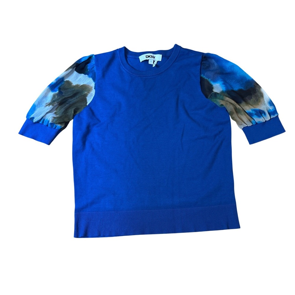 DKNY Knit Top Women Blue Abstract Sheer Puff Sleeve Mixed Media SIZE S